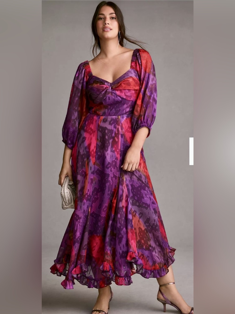 Hutch Printed Twist-Front Puff-Sleeve Ruffle-Hem Dress Purple Pink 1X NWT